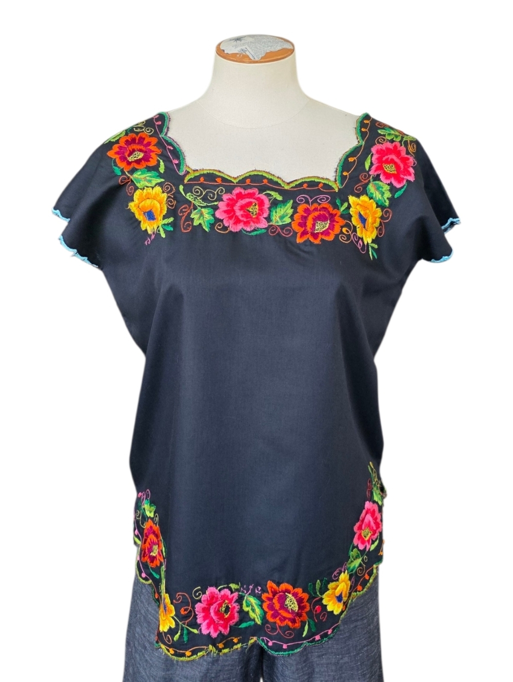 Embroidered Floral Mexican Blouse Black Top Colorful Boho Peasant Top Size M - Picture 2 of 5